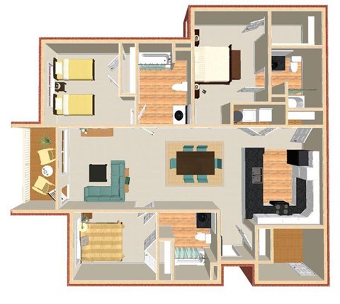 Floor plan for 3 beds, 3 baths, 1368 sqft